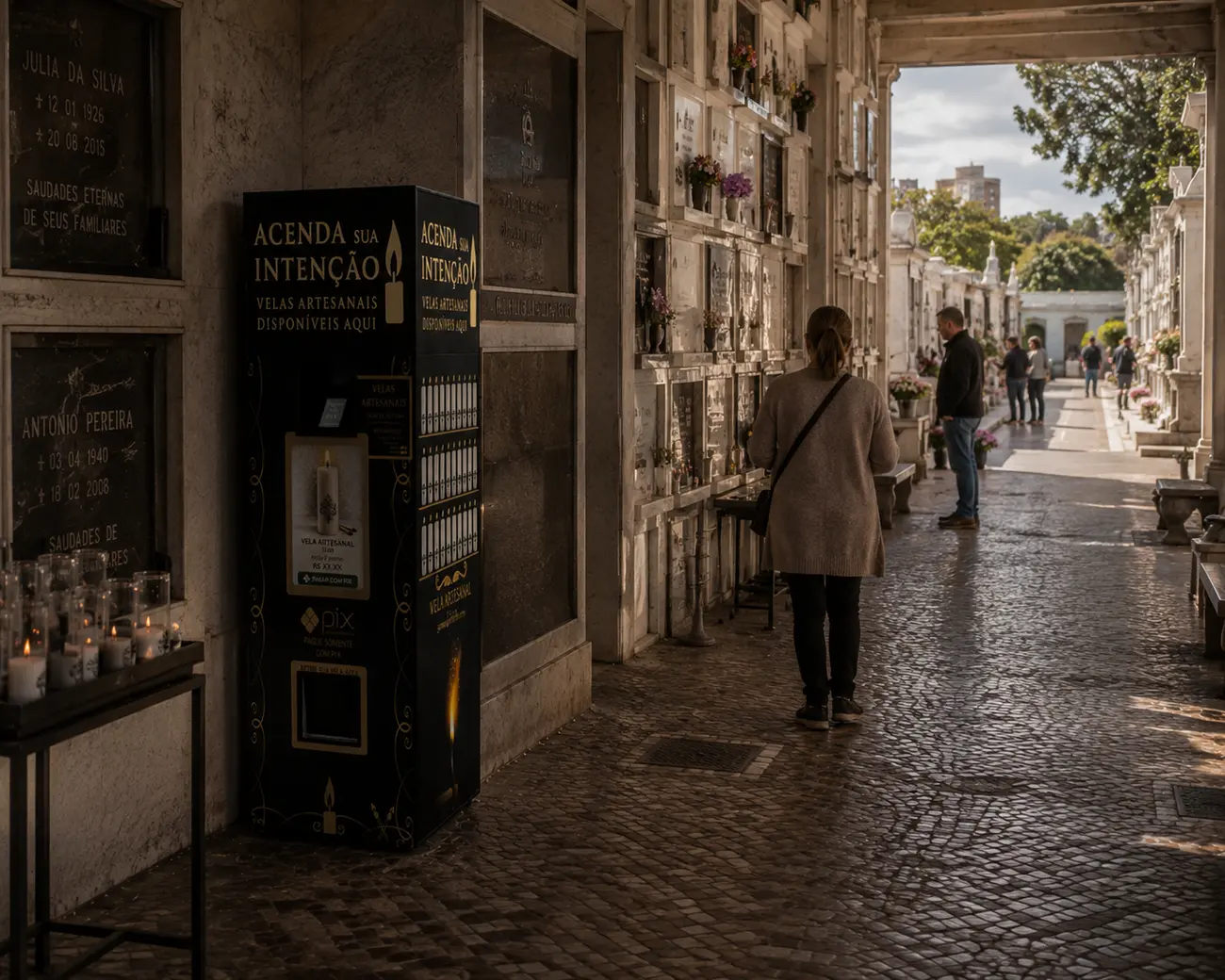 Luzia Prima instalada na galeria de um cemitério, entre os nichos, com um visitante acendendo uma vela em memória