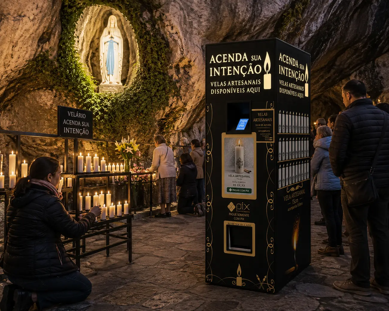 Luzia Prima instalada em uma gruta, ao lado do velário, com fiéis acendendo velas diante da imagem de Nossa Senhora