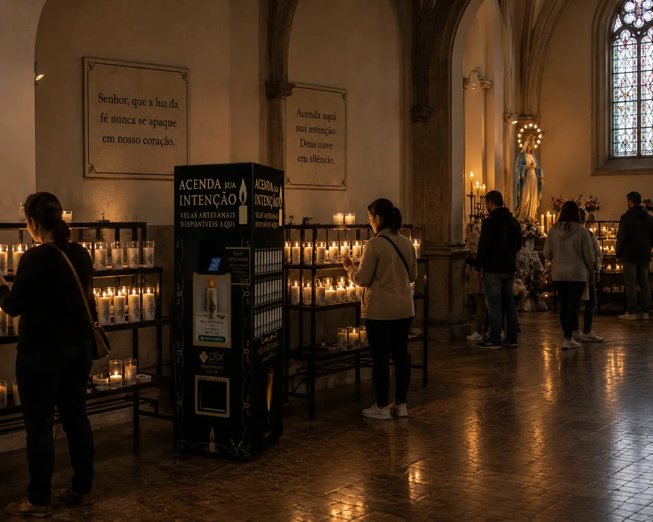Luzia Prima em um velário dentro de uma igreja, ao lado das prateleiras de velas votivas, com fiéis acendendo velas diante da imagem de Nossa Senhora e do vitral