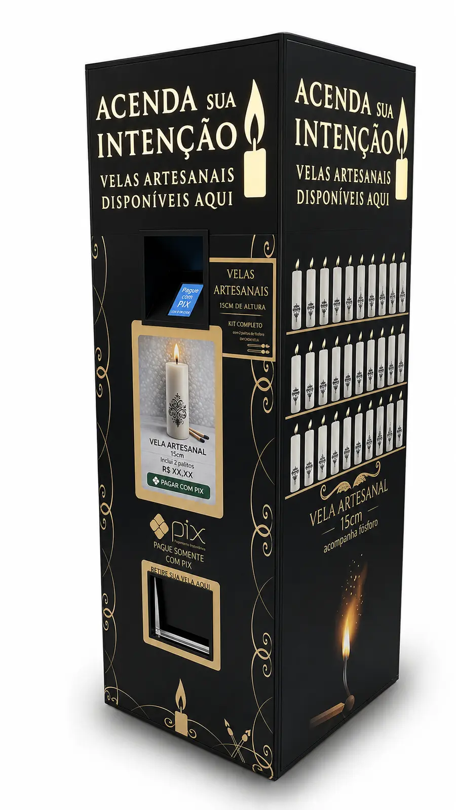 Luzia Prima — máquina autônoma de velas artesanais, com o painel “Acenda sua intenção” e pagamento por Pix